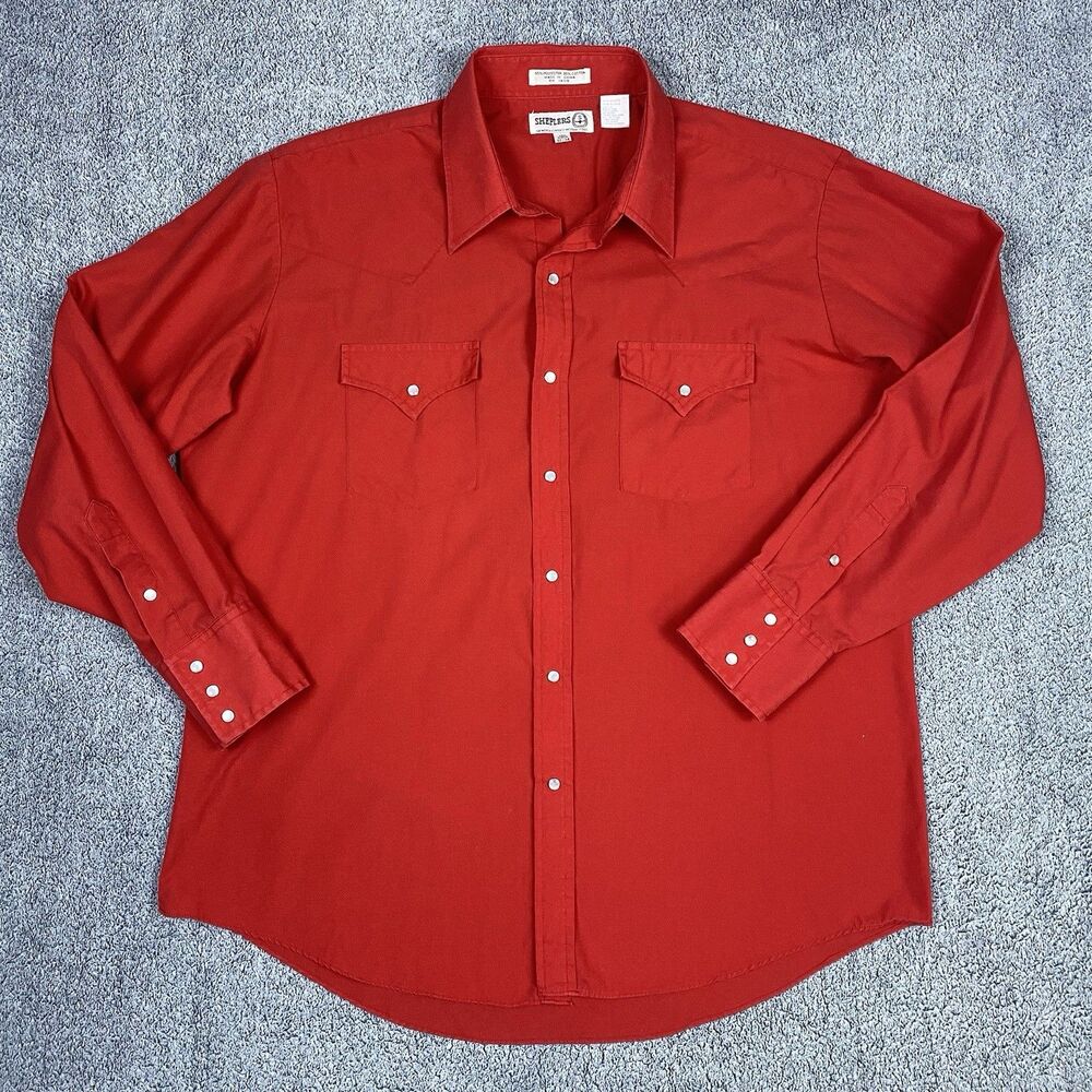 Vintage Sheplers Men's Pearl Snap Shirt Western Red Long Sleeve Size Large 17-34